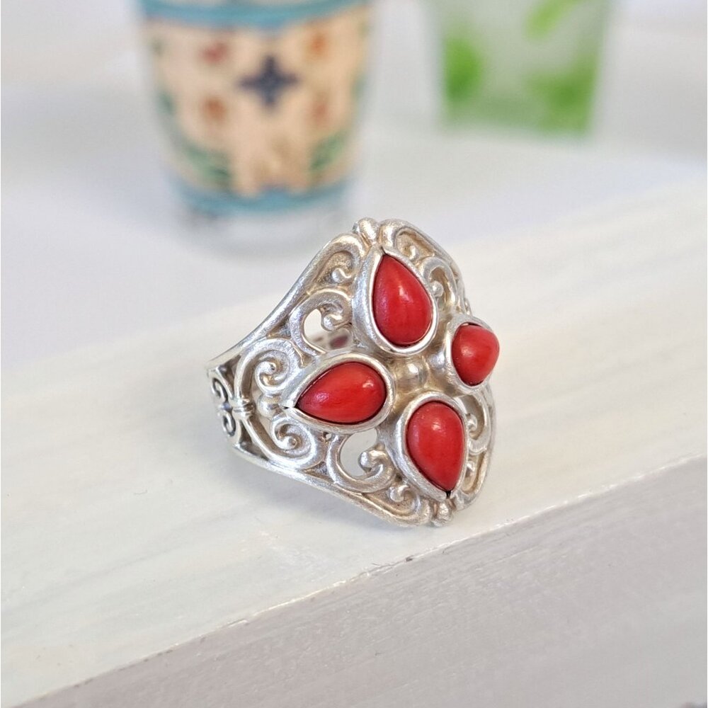 Vintage Coral Cluster Southwestern Filigree Sterling Ring by Artist Carolyn Poll - Picture 3 of 15